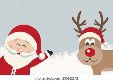 santa wave from side reindeer red nose winter background