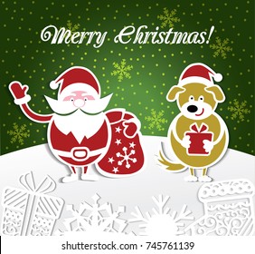 Santa waves his hand and Dog holds a gift. Christmas card. May use it for cutting too;