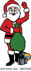 Santa waves while holding a green bag full of fun toys. 
