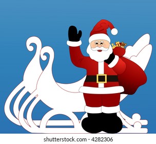 santa waving with bag of toys and sleigh behind