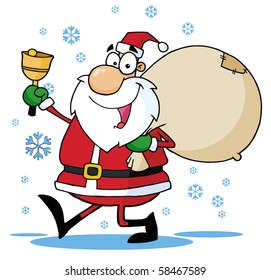 Santa Waving A Bell And Walking With His Toy Sack