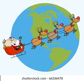 Santa Waving And Flying Above Earth