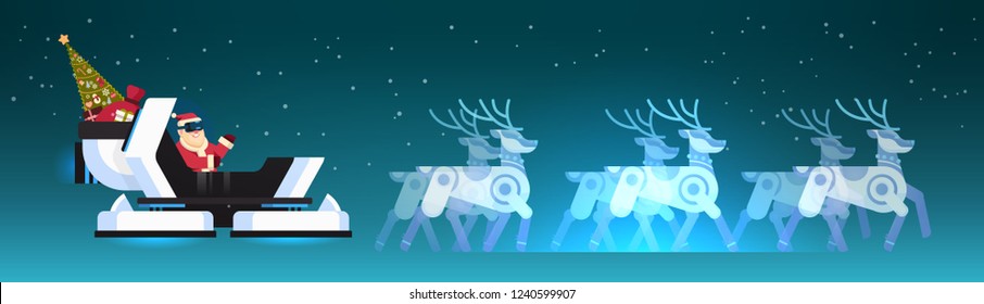 Santa wear digital glasses in robotic modern sleigh virtual reality reindeer merry christmas happy new year greeting card winter holidays concept horizontal flat vector illustration