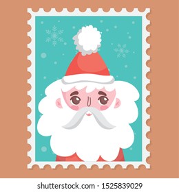 santa wearing hat with pompon merry christmas stamp vector illustration