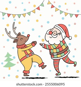 Santa wears a colorful shirt and reindeer wearing Santa suits dancing together There are many colors of snow falling.