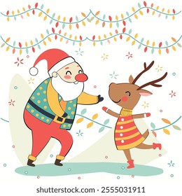 Santa wears a colorful shirt and reindeer wearing elf suits dancing together, Christmas decoration lights and snow falling. Vector Background pattern.
