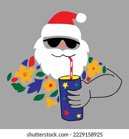 Santa wears sunglasses, a Hawaiian shirt and a cocktail in his hand.