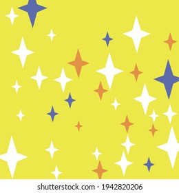 Santa Winter Four-pointed Magic Yellow Pattern. Stars Retro Orange Night Christmas Background. Sky Chaotic Holiday Blue Indigo Illustration. New Year Mystery Print White Dark Color Composition.