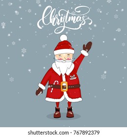 Santa. Winter holiday cartoon character and Christmas script lettering