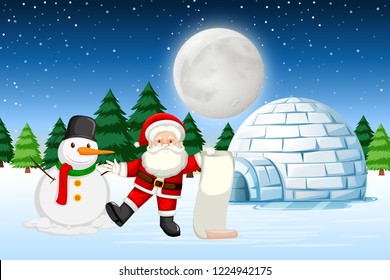Santa in winter landscape illustration