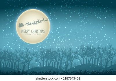 Santa in Winter Snow in forest with full moon,Happy new year and Merry christmas.