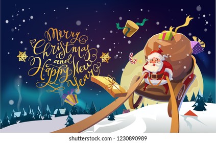 Santa in a Winter village riding sleigh in the winter forest. Polar Lights background. Merry Christmas and Happy New Year Lettering. Vector illustration.