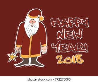 Santa wishes everyone a Happy New Year!
Christmas cool doodle with a magic wand in his hands.