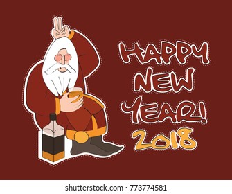 Santa wishes everyone a Happy New Year! Christmas cool doodle with a glass of whisky in his hands.