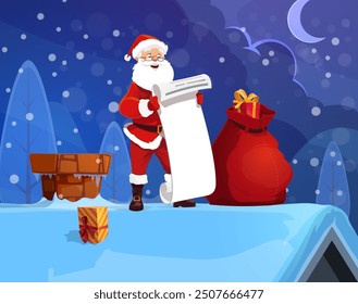 Santa with wishlist on house roof with gifts bag for Christmas winter holiday, cartoon vector. Santa character reading wishes on list at chimney on house roof in snow with New Year gift boxes in bag