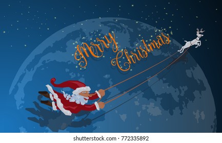 Santa without sleigh flying with deer in the winter night over over big blue moon with blinking star on blue sky background,happy christmas concept