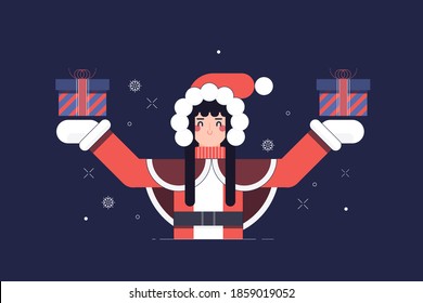 Santa woman and gift boxes. Christmas and New Year party on winter holiday. Illustration about Christmas celebration.