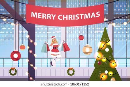 santa woman with gifts walking in shopping mall decorated for merry christmas and new year winter holidays celebration big store interior horizontal full length vector illustration