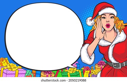 santa woman shouting with hand around mouth and copyspace pop art comics style.