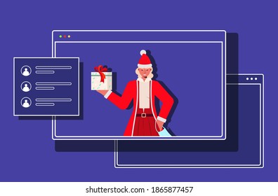 santa woman in web browser window holding gift box new year christmas holidays celebration coronavirus quarantine online communication concept portrait horizontal vector illustration