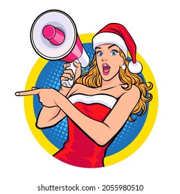 Santa woman wow and holding megaphone for announce on circle sign  In Retro Vintage Pop Art Comic Style