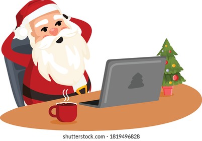 Santa at work sits, in front of him a laptop and hot coffee