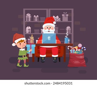 Santa Work Space mit Laptop-Überprüfung E-Mails. Fröhliche Weihnachtsmusiken Nacht Grußkarte Design. Weihnachtselfen-Vektorillustration im flachen Stil