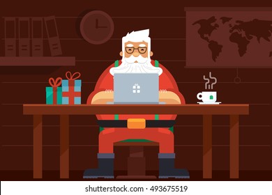 Santa Work space with Laptop, Gift Boxes, Tea, World Map, Shelf . Merry Christmas Night Greeting Card Design 