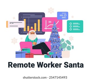 Santa working remotely holiday theme colorful charts presents Christmas tree cozy home office setting digital workspace