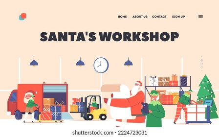 Santa Workshop Landing Page Template. Claus and Elves Helpers Loading Gifts in Truck for Delivery to Children, Christmas Characters Reading List and Load Presents. Cartoon People Vector Illustration