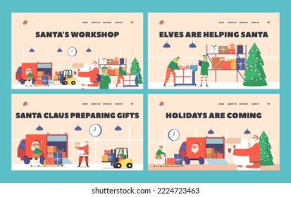 Santa Workshop Landing Page Template Set. Santa Claus and Elves Helpers Loading Gifts in Truck for Delivery to Children, Christmas Characters Load Boxes in Warehouse. Cartoon Vector Illustration
