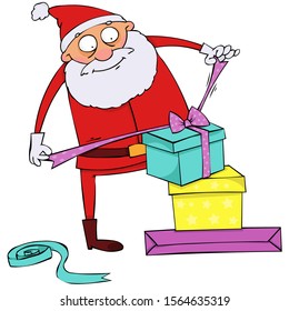 Santa is wrapping Christmas presents