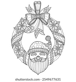 Santa and wreath hand drawn for adult coloring book