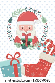 santa wreath sock with candy canes and gift merry christmas card vector illustration