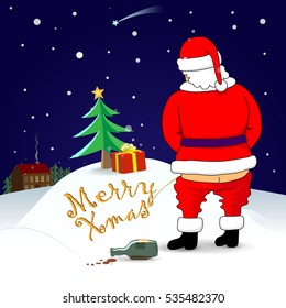 Santa wrote the inscription on the snow " Merry Xmas ". Drunk man in red costume peeing on the ground. Vector illustration