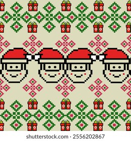 Santa Xmas Cross Stitch. Geometric ethnic patterns. Design for wrapping gifts, wallpaper, and clothing. Detailed vector illustration for textile print design.
