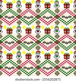 Santa Xmas Cross Stitch. Geometric ethnic patterns. Design for wrapping gifts, wallpaper, and clothing. Detailed vector illustration for textile print design.
