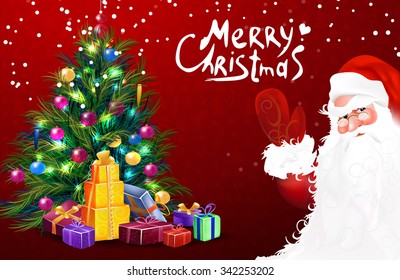 Santa xmas tree with gift. Merry christmas