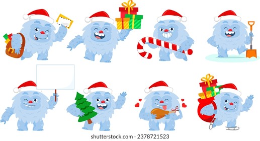 Caricatura De Pie Grande De Santa Yeti En Diferentes Posos. Colección De Diseño Plano Vector Aislada En Fondo Transparente