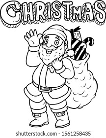 Santa in zentangle stylized doodle vector. Cute Santa Claus with a big sack full of gifts. Hand drawn line illustration. Sketch for coloring page book 