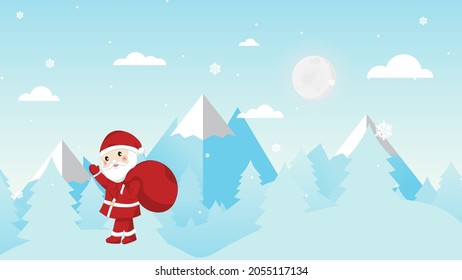 Santa.abstract pastel paper cut illustration of winter landscape with cloud.Bright moon.Winter mountain Christmas landscape and snowflake.Cartoon Santa Claus character,clouds.snow scene   
 backgroun.