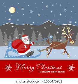 Santa-Claus with a big bag of gifts on sleigh. Merry Christmas and Happy New Year Holiday greeting card