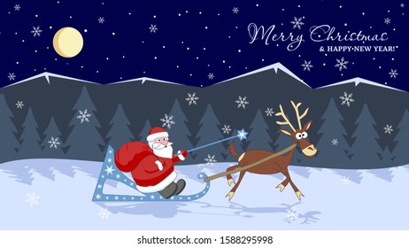 Santa-Claus with a big bag of gifts on sleigh. Merry Christmas and Happy New Year Holiday greeting card