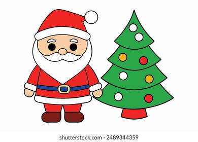 Santaclaus and Christmas tree cartoon and clipart style vector illustration on white backgroung.