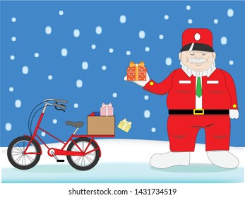 SANTA-CLAUS IN CONCEPT OFFICER OR POSTMAN WITH BICYCLE TO DELIVERY GIFTBOX