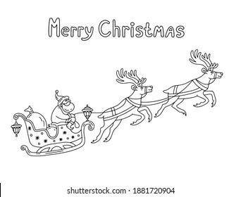 Santa-Claus is flying in a sleigh pulled by reindeers. Black and white vector illustration.