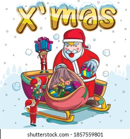 Santaclaus prepares gifts with his team to give to the children cartoon vector