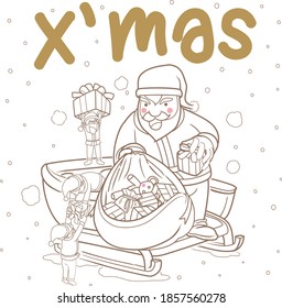 Santaclaus prepares gifts with his team to give to the children cartoon vector