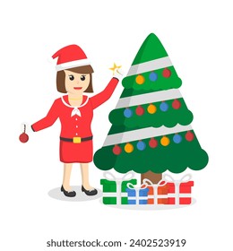 santaclause woman Puting Star On Tree design character on white background