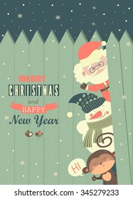 Santa,monkey,snowman wishing you Merry Christmas. Vector greeting card